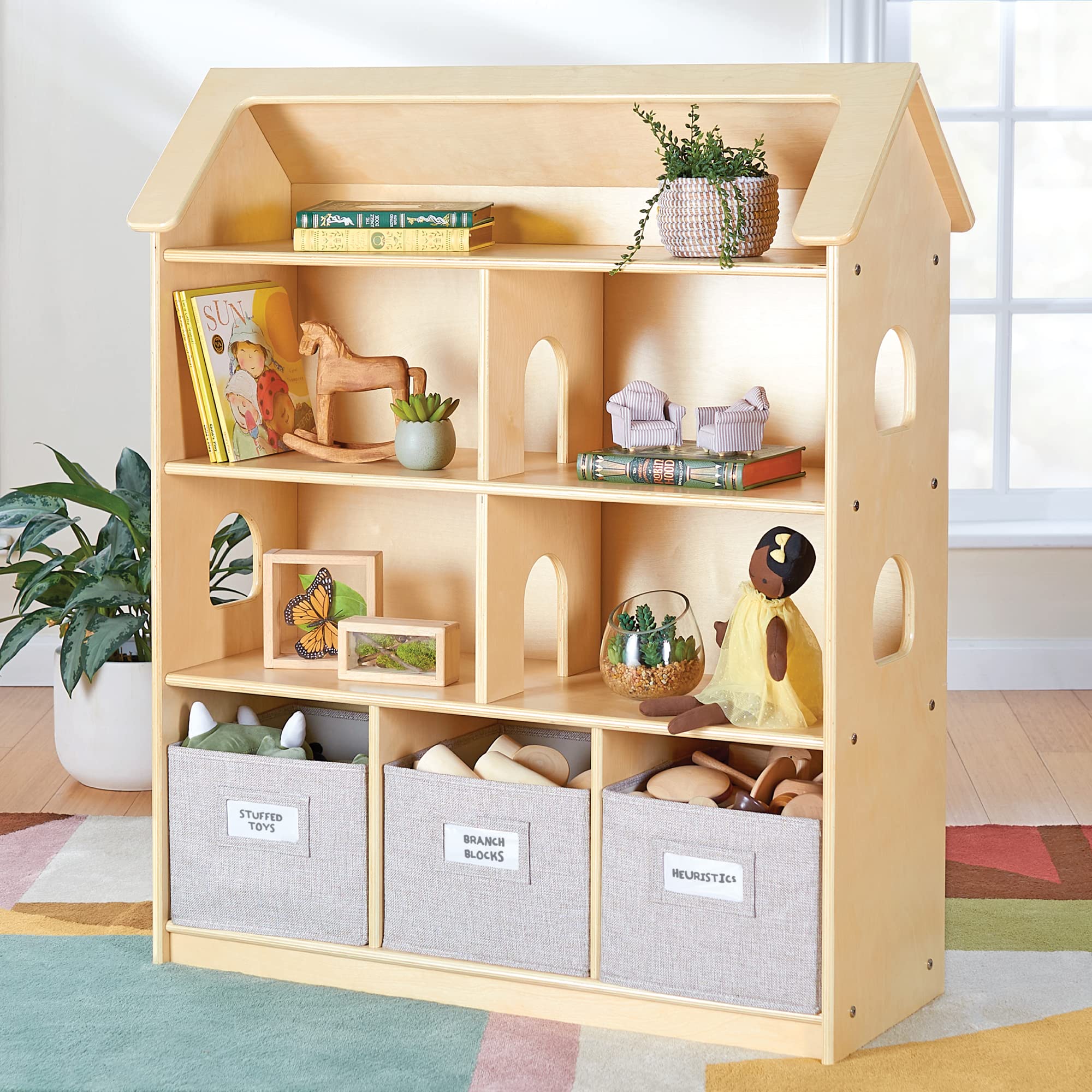 Guidecraft EdQ Dollhouse Bookcase - Natural: Kids' Wooden Organizer Shelves with Removable Storage Bins for Books, Dolls, and School Supplies | Children's Bedroom and Classroom Furniture