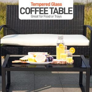 SereneLife Outdoor Living Rattan Furniture, Includes 1 Double & 2 Single Chairs with Cushion & 1 Glass-top Coffee Table 4 Piece Conversation/Chat Set, (Back), Off Black