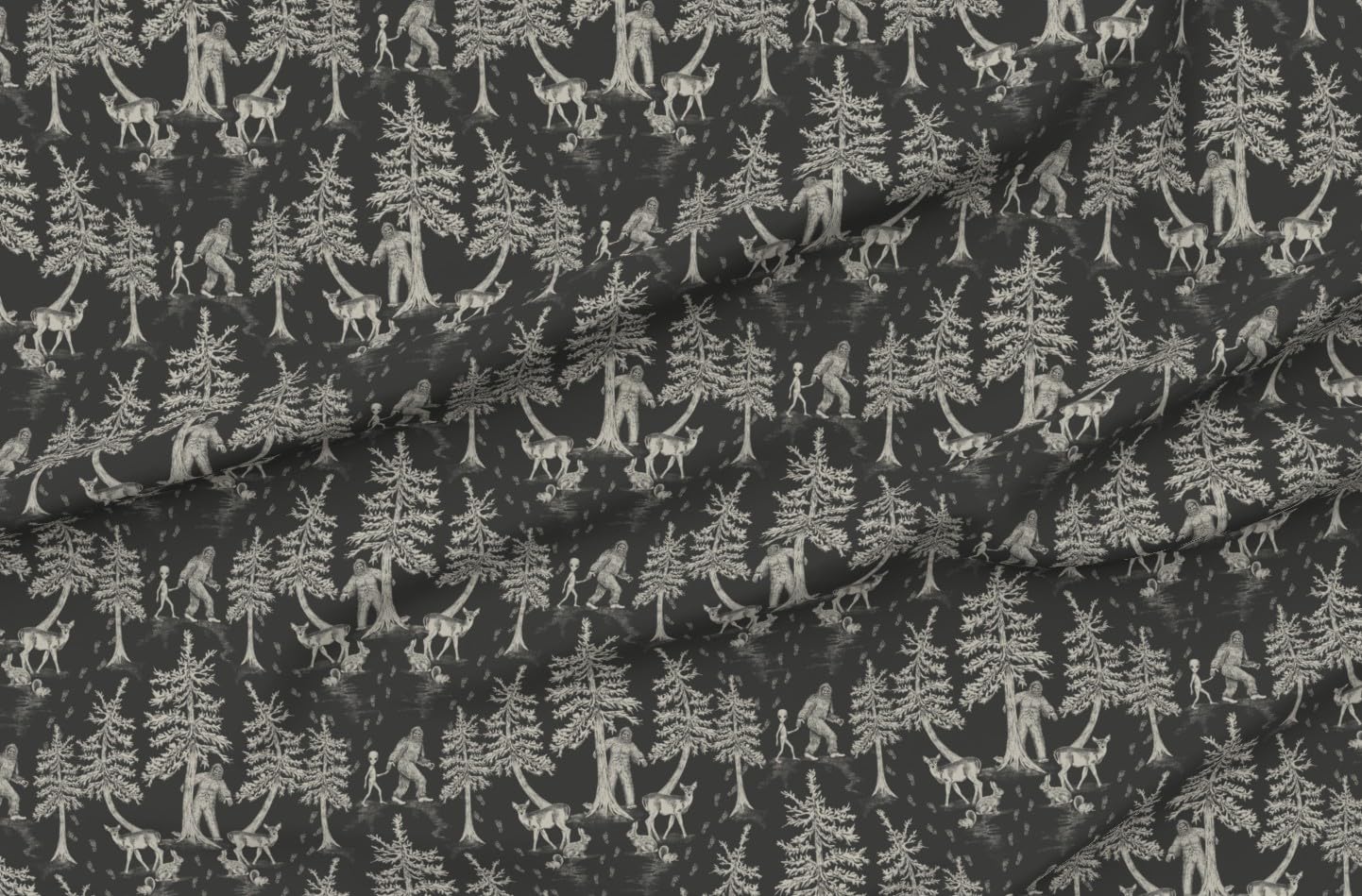 Spoonflower Fabric - Sasquatch Cryptids Charcoal Gray Cryptozoology Aliens Printed on Petal Signature Cotton Fabric Fat Quarter - Sewing Quilting Apparel Crafts Decor