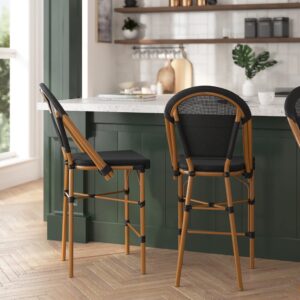 merrick lane mael bistro style stacking counter stools - indoor/outdoor textilene back and seat - natural bamboo finish metal frame - set of two - black