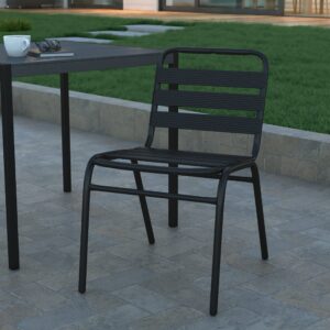 emma + oliver jens stacking metal dining chair - indoor/outdoor dining chair with triple slat back - dry assist slats - black