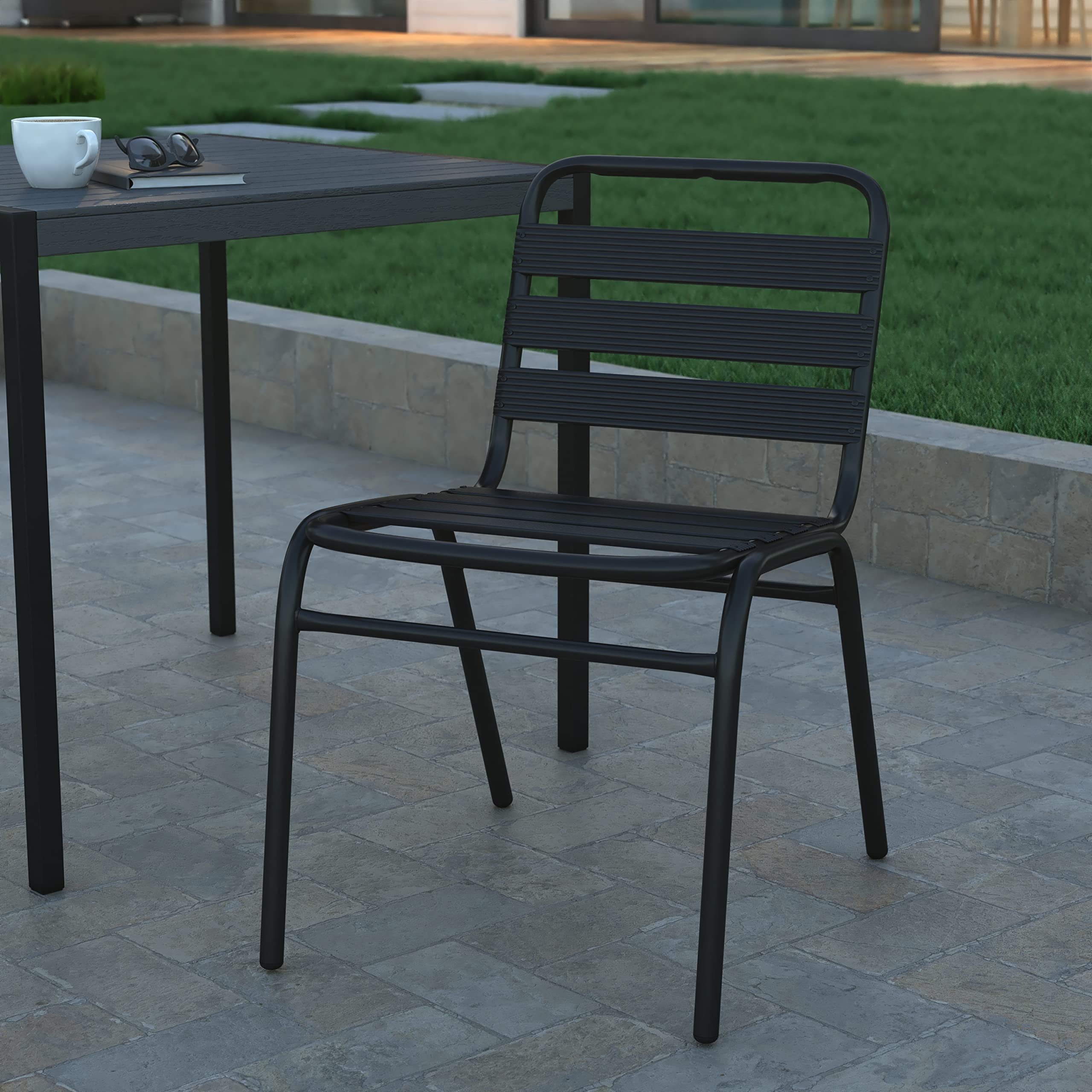 EMMA + OLIVER Jens Stacking Metal Dining Chair - Indoor/Outdoor Dining Chair with Triple Slat Back - Dry Assist Slats - Black