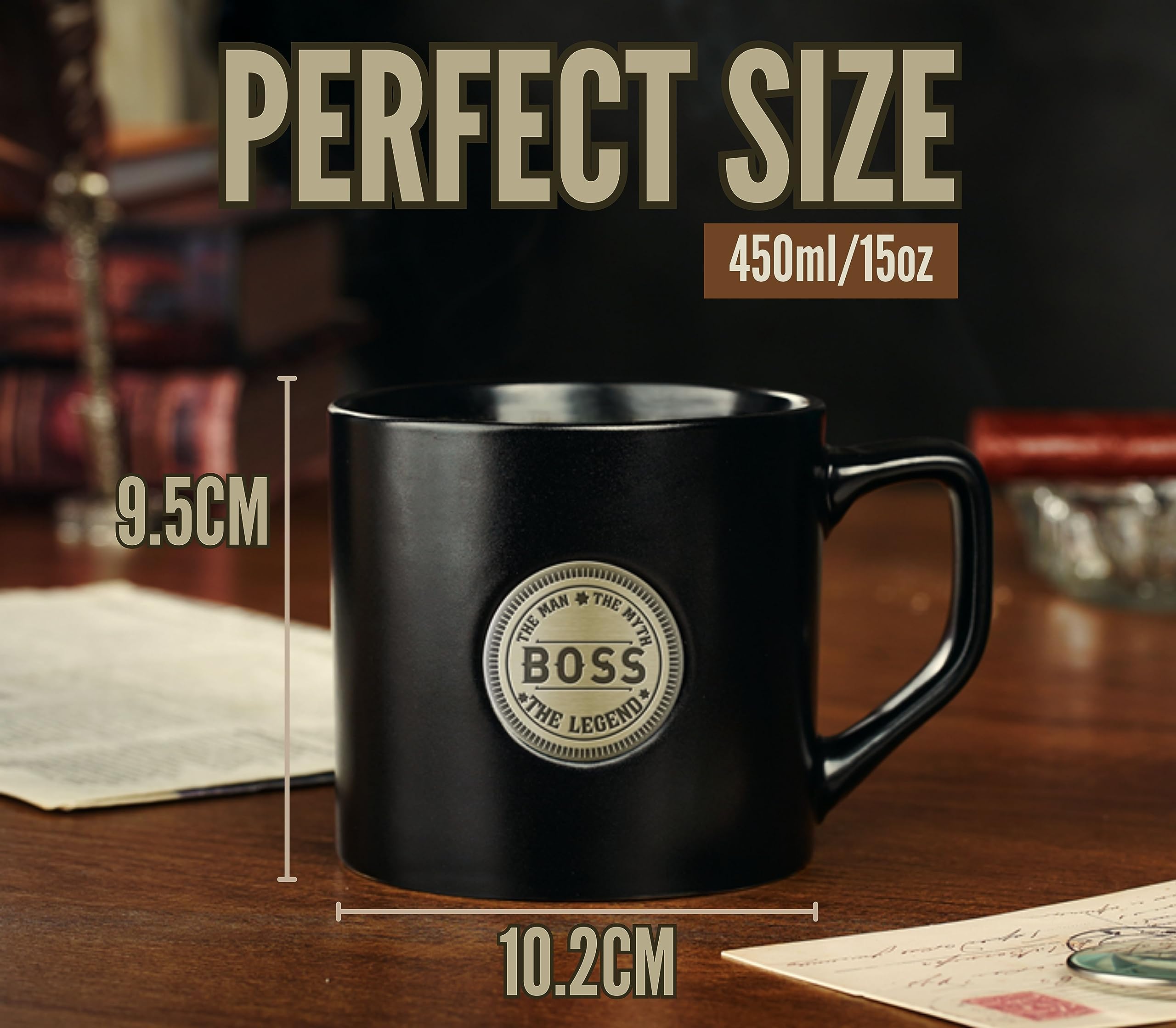 Onebttl Boss Gifts Coffee Mug for Men, Ceramic Mug with Golden Badge, 15oz/450ml Mug for Boss Day, Christmas, Retirement - Man Myth Legend