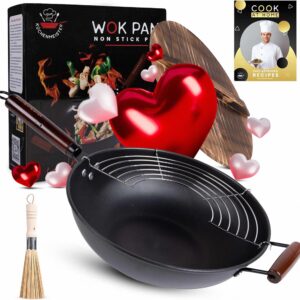 Küchenmeister 12.5-Inch Carbon Steel Wok Pan with Lid, Brush, Oil Strainer - Flat Bottom Woks & Stir Fry Pans Nonstick for Induction, Electric, Gas, Halogen Stoves