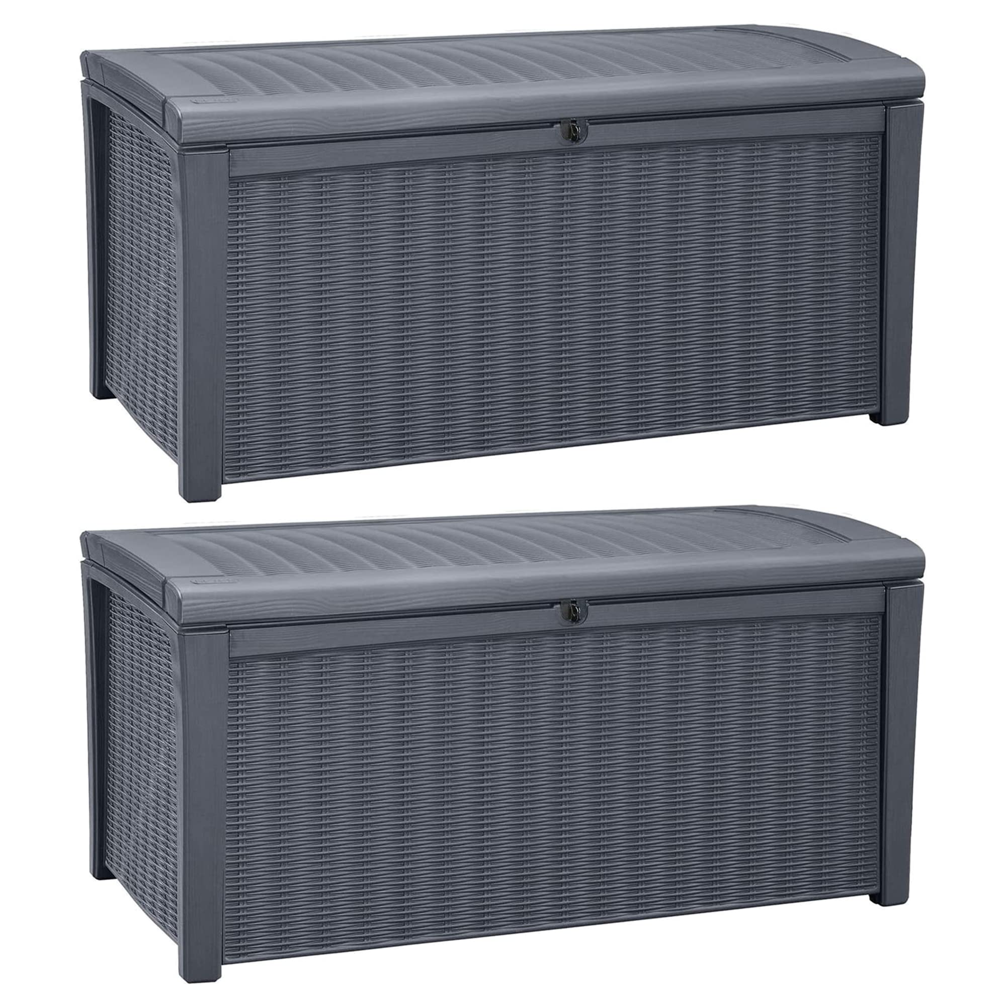 Keter Borneo 110 Gallon All Weather Weatherproof Rattan Wicker Resin Outdoor Patio Porch Garden Deck Organization Storage Box Bench, Grey (2 Pack)