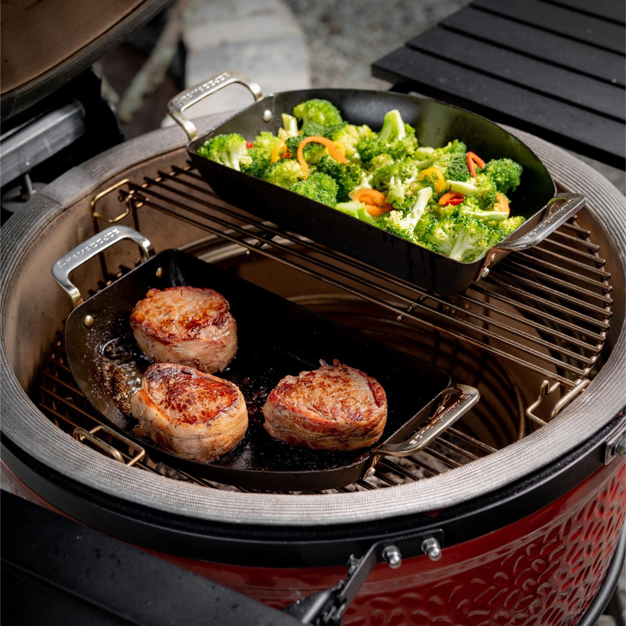 Kamado Joe Karbon Steel Pre-Seasoned Carbon Steel Non-Stick Half-Moon Pans with One Solid Pan and One Perforated Pan for Classic Joe and Big Joe Kamado Grills, Model KJ15124822