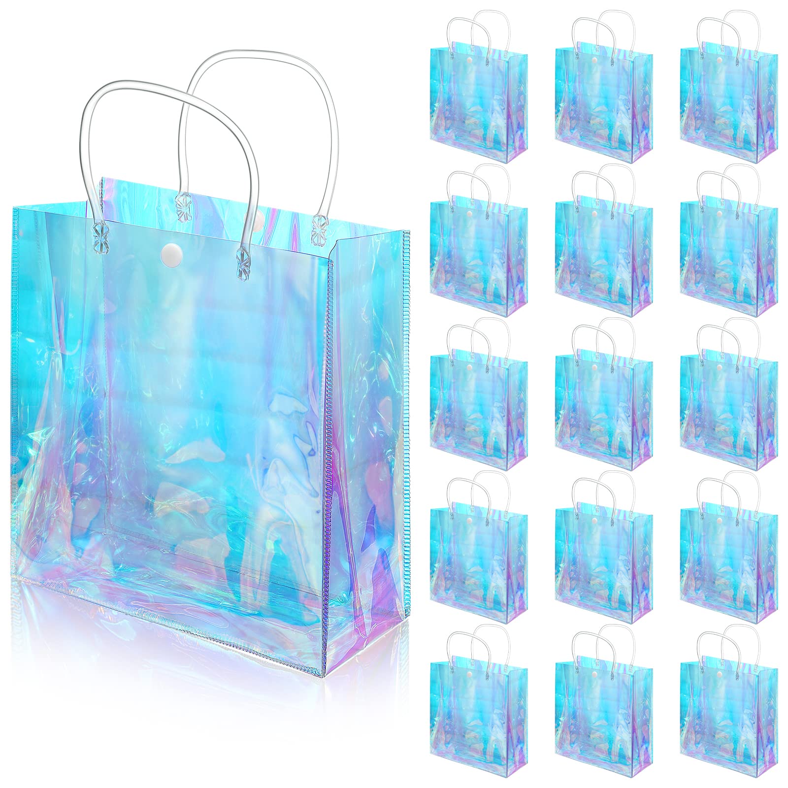 Sherr 16 Pcs Holographic Small Gift Bag Reusable Iridescent Clear Bags for Women PVC Plastic Goodie Bags with Handles for Shopping Christmas Holiday Gift Party Favor(Rainbow, 7.87" x 7.87" x 3.15")