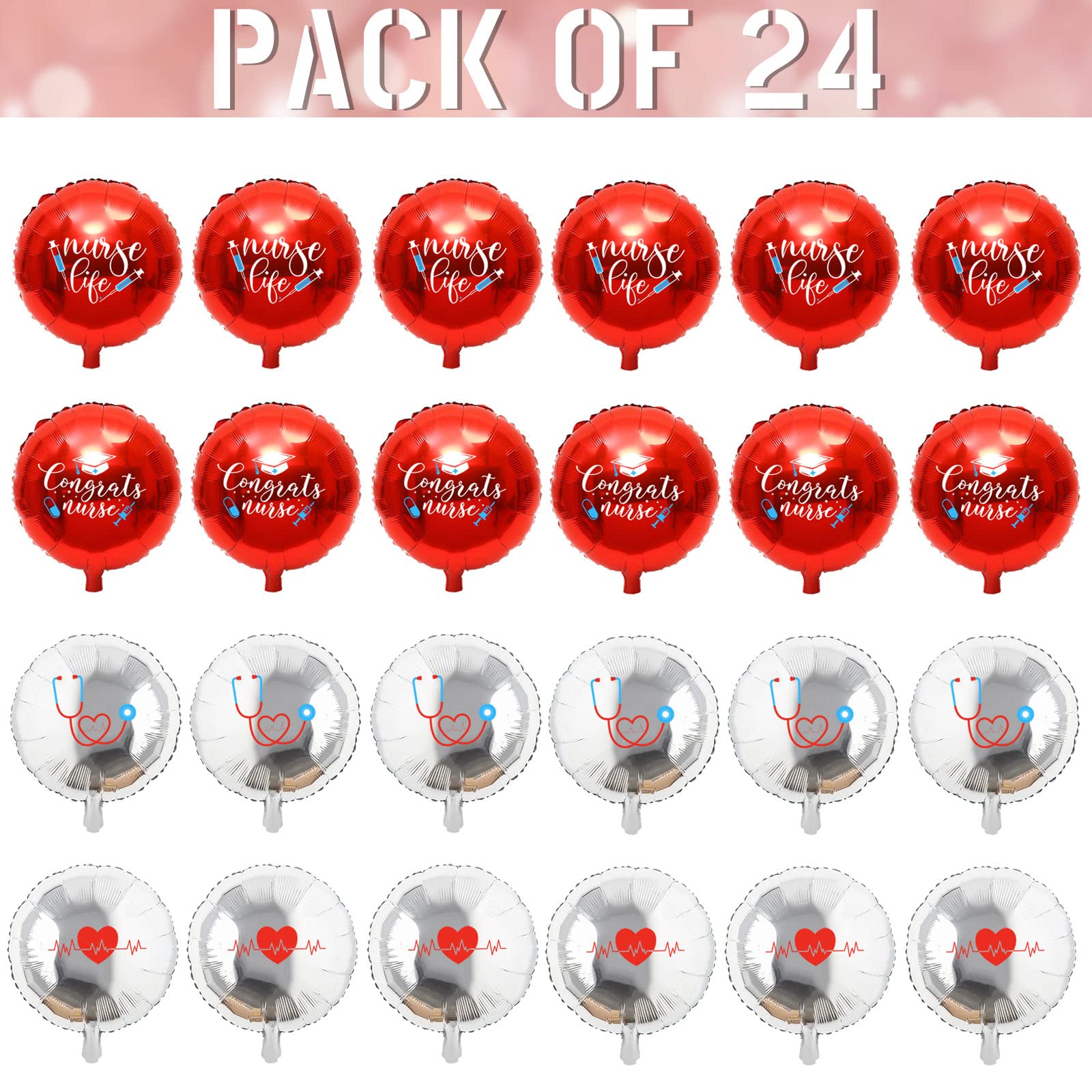 Whaline 24Pcs Nurse Graduation Balloons Set Congrats Nurse Party Balloons 18 Inch Red Silver Graduation Foil Balloons for Graduation Party Supplies Home School Backdrop Decorations