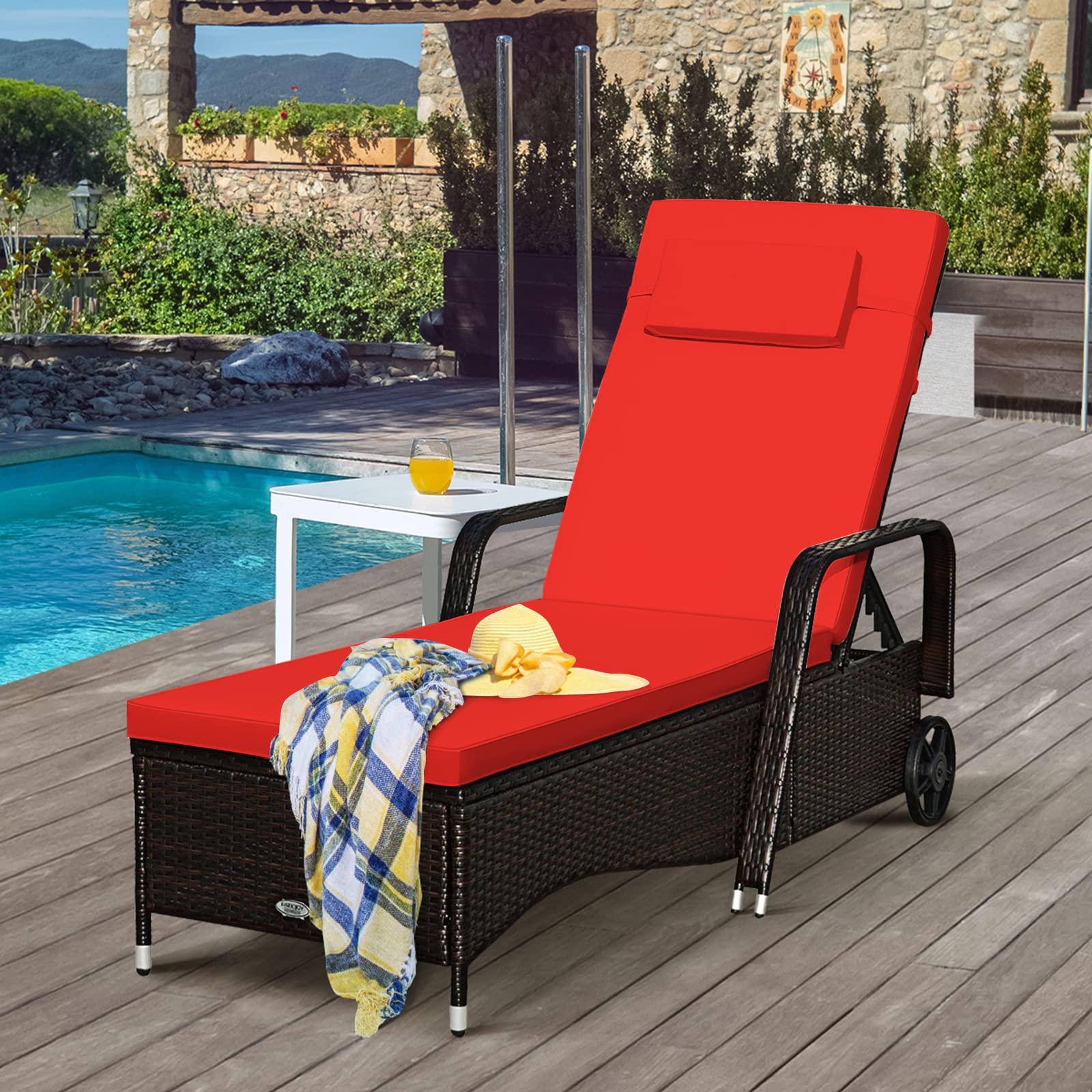 Tangkula Patio Wicker Chaise Lounge Chair with Wheels, Adjustable Rattan Reclining Chair with Armrests & Cushions, Red & Off White Cover, Outdoor Recliner Chair for Pool Deck Beach Backyard (1, Brown)