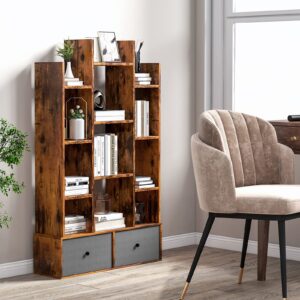 Giantex 9-Cube Bookcase with 2 Drawers - Industrial Freestanding Open Display Shelving with Anti-toppling Device, 12 Storage Shelves, Wooden Tree Shaped Bookshelf for Living Room, Rustic Brown