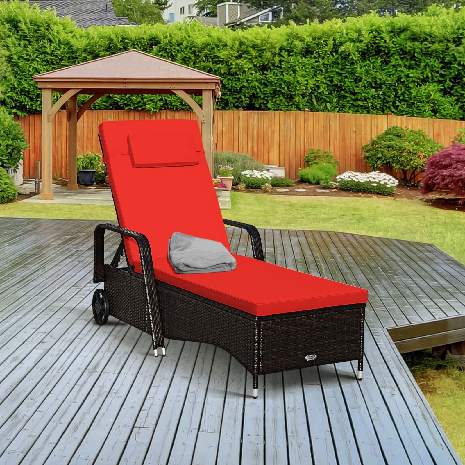 Tangkula Patio Wicker Chaise Lounge Chair with Wheels, Adjustable Rattan Reclining Chair with Armrests & Cushions, Red & Off White Cover, Outdoor Recliner Chair for Pool Deck Beach Backyard (1, Brown)