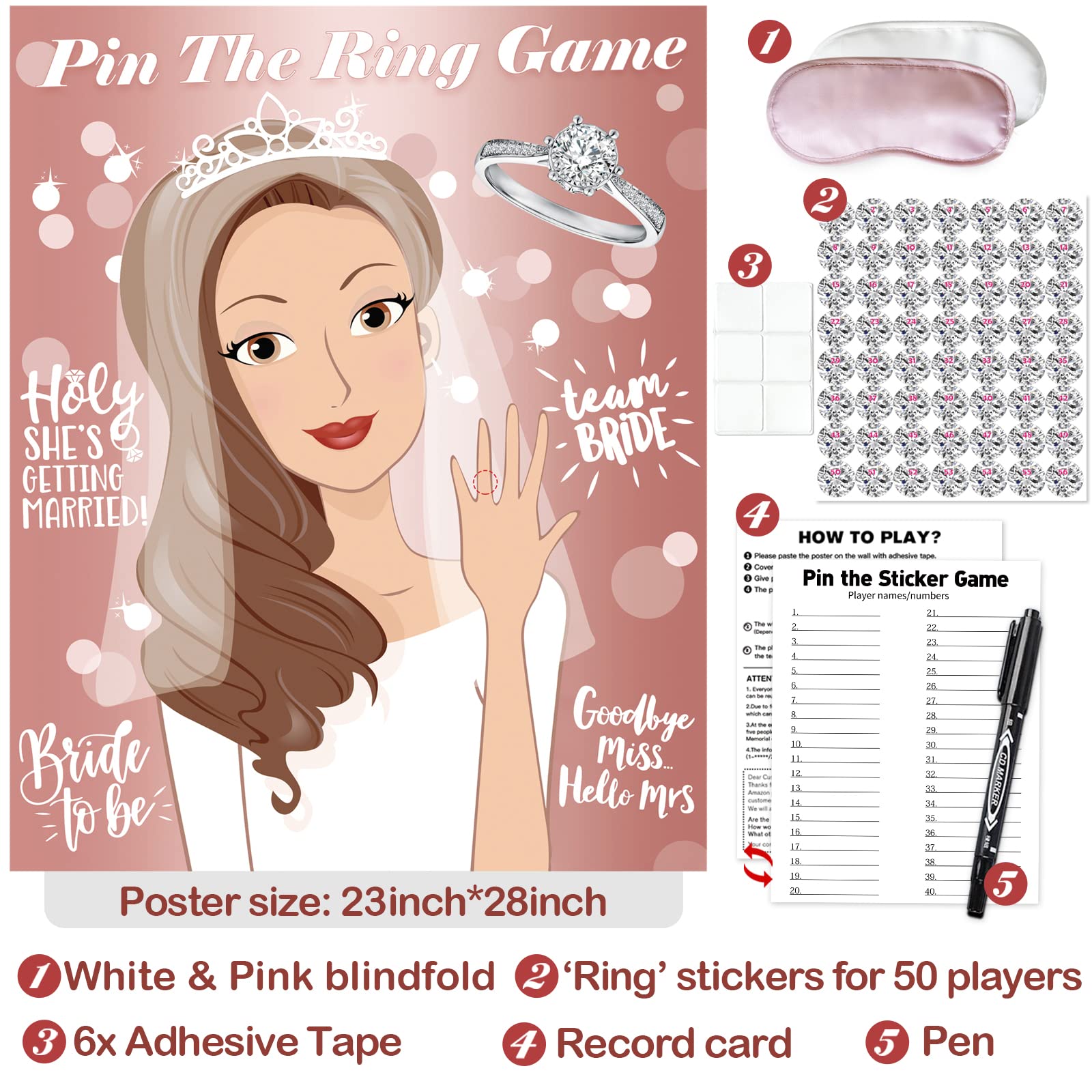 Bridal Shower Games, Pin The Ring On The Bride, Bridal Shower Engagement Wedding Shower Bachelorette Party Games 50 Guests