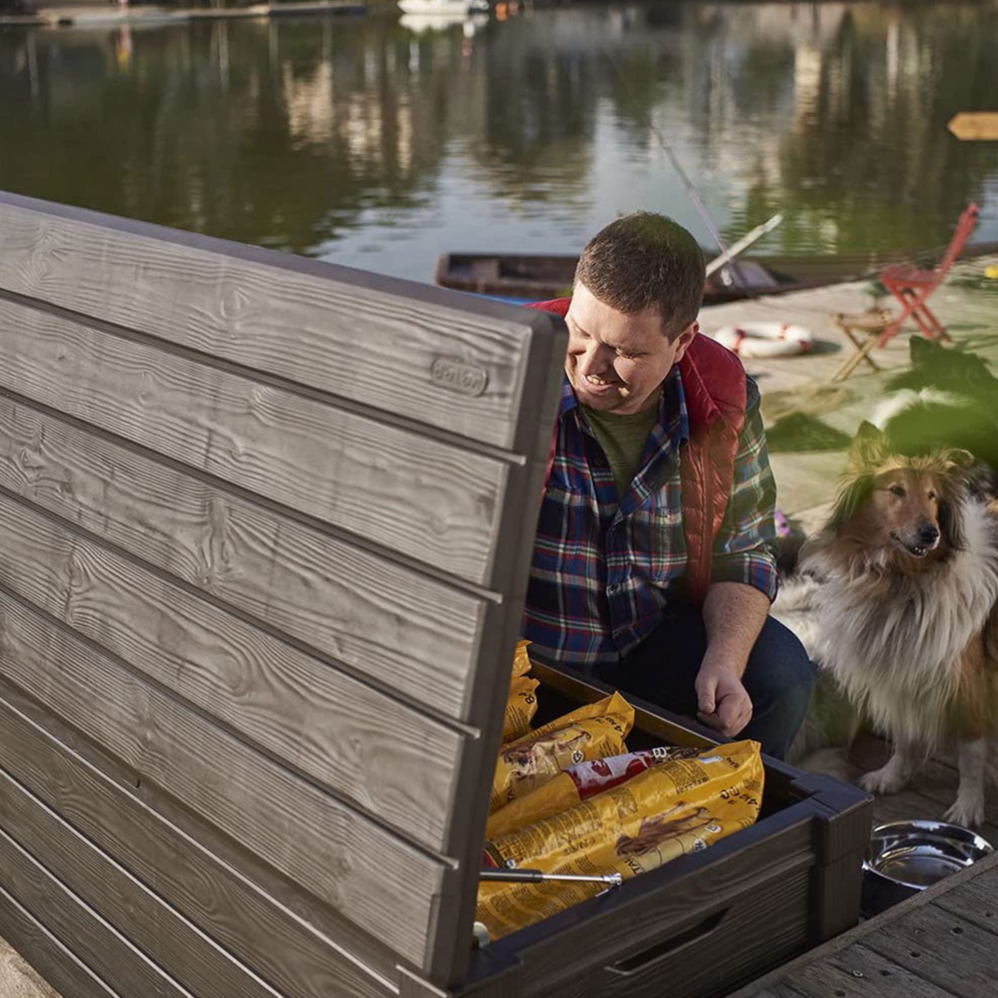 Keter 2 Pack Storage Bench, Weatherproof Resin Outdoor Backyard 120 Gallon Deck Box, Brightwood, Brown