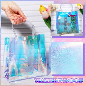 Sherr 16 Pcs Holographic Small Gift Bag Reusable Iridescent Clear Bags for Women PVC Plastic Goodie Bags with Handles for Shopping Christmas Holiday Gift Party Favor(Rainbow, 7.87" x 7.87" x 3.15")