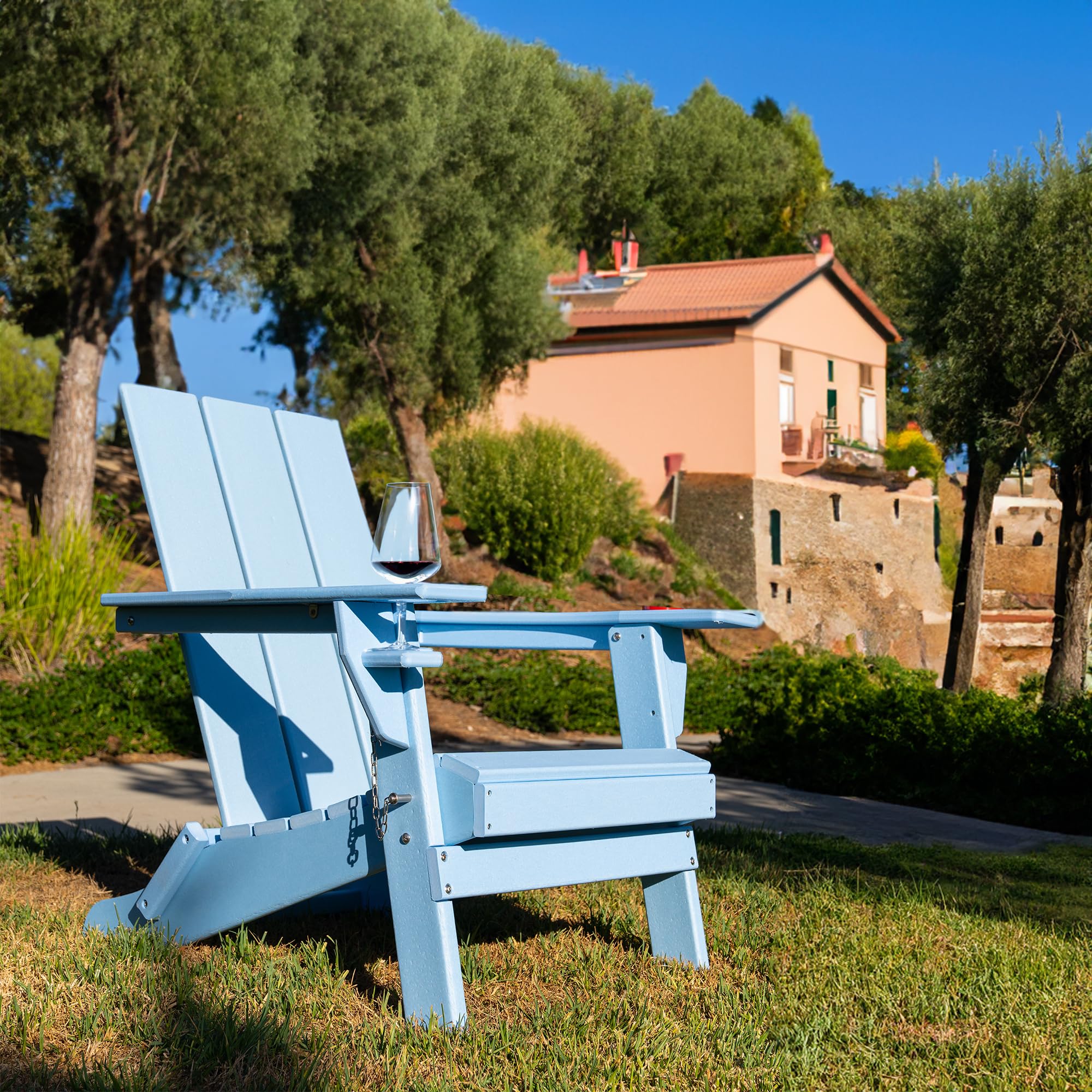 RESINTEAK Folding Adirondack Chair with Cup Holder - Extra Wide Comfort Seat, Patio Furniture for Outdoor Fire Pit, Deck, & Backyard, Newport Collection (Blue)