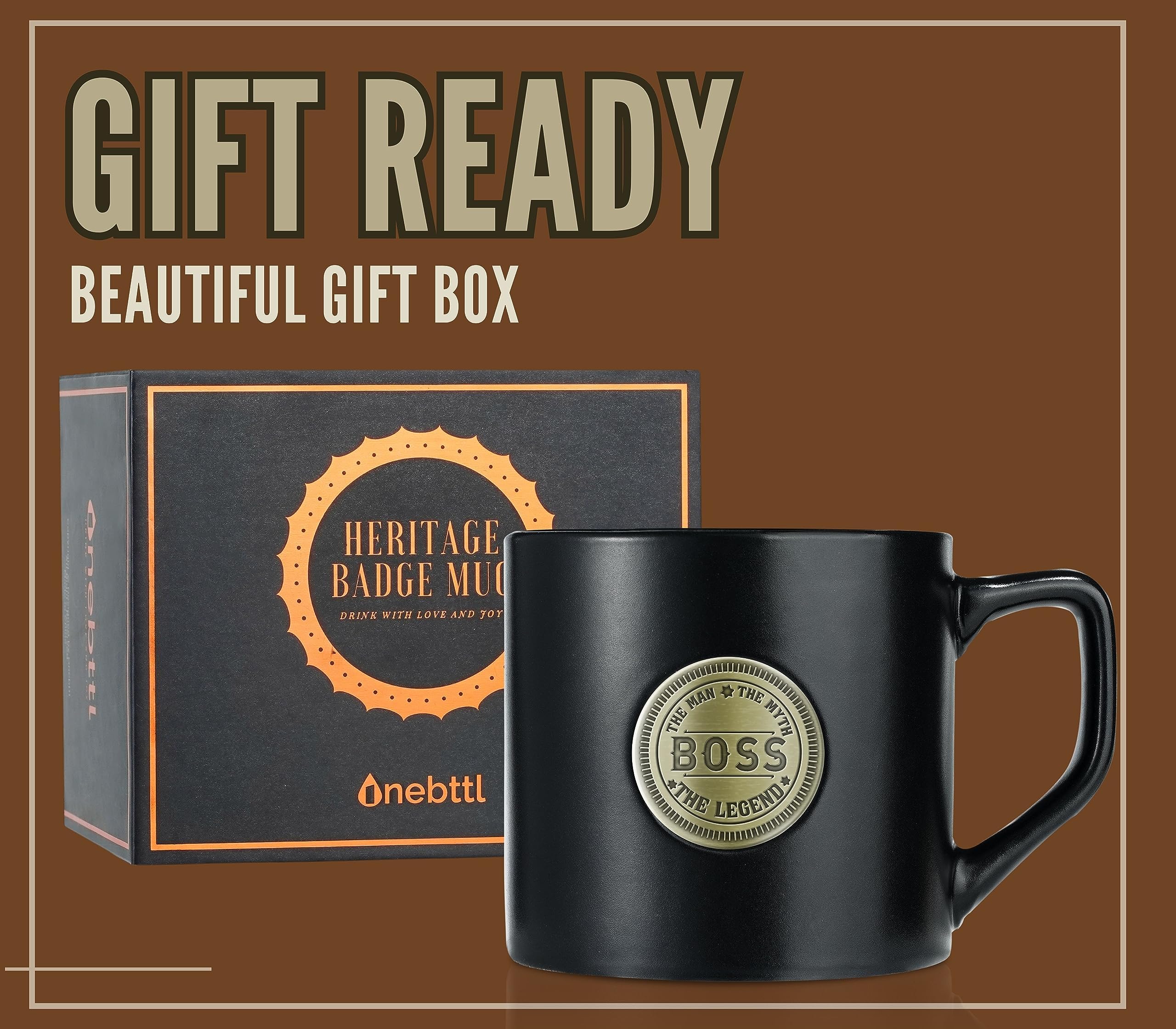 Onebttl Boss Gifts Coffee Mug for Men, Ceramic Mug with Golden Badge, 15oz/450ml Mug for Boss Day, Christmas, Retirement - Man Myth Legend