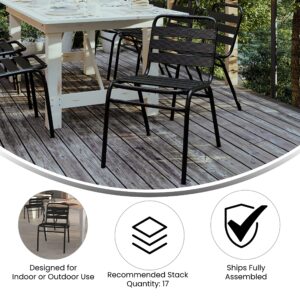 EMMA + OLIVER Jens Stacking Metal Dining Chair - Indoor/Outdoor Dining Chair with Triple Slat Back - Dry Assist Slats - Black