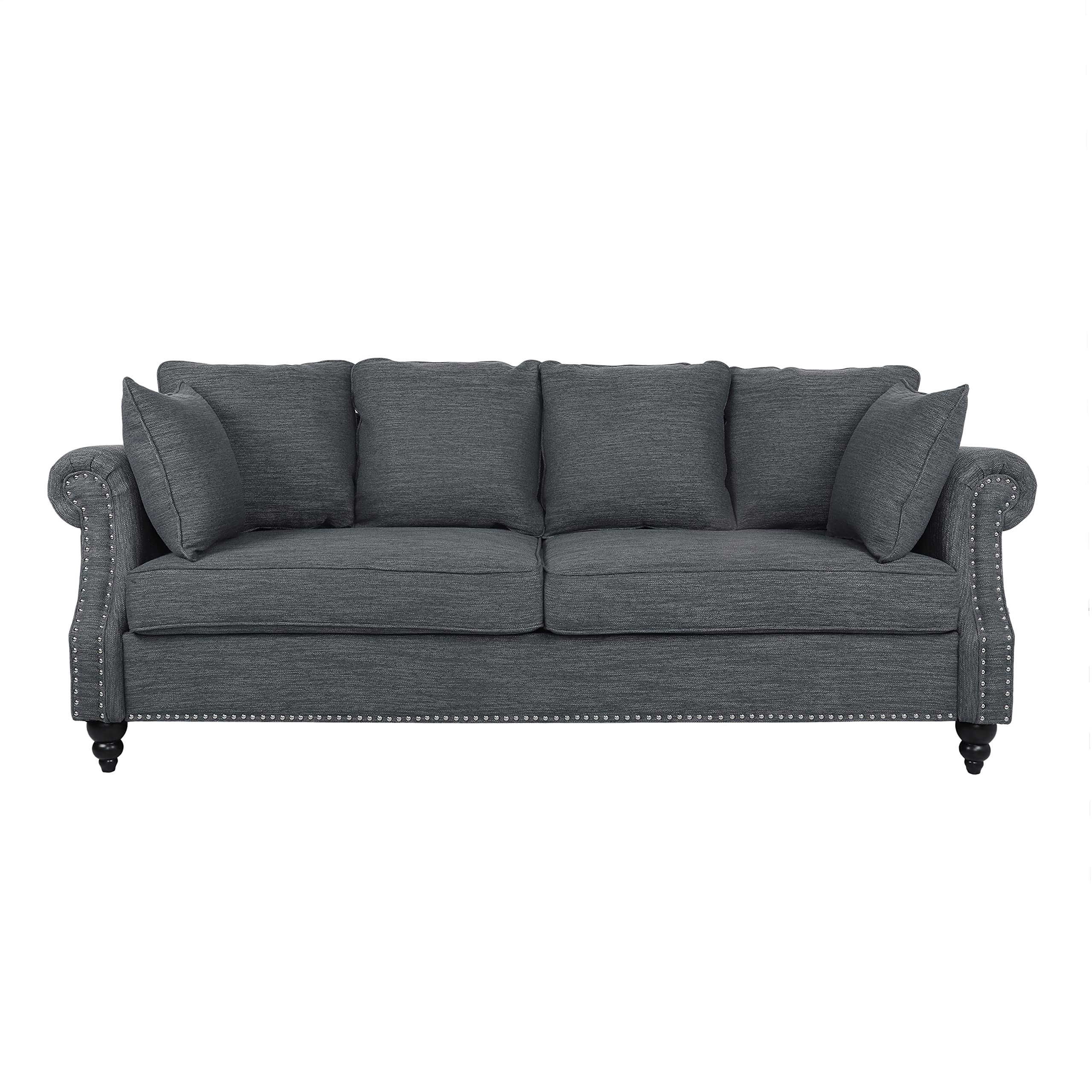 Christopher Knight Home Manbow Pillowback 3 Seater Sofa with Nailhead Trim - Charcoal/Dark Brown