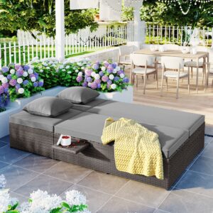 Merax Patio Conversation Set, Outdoor Double Sunbed Wicker Rattan Patio Reclining Chairs with Adjustable Backrest and Seat, Gray