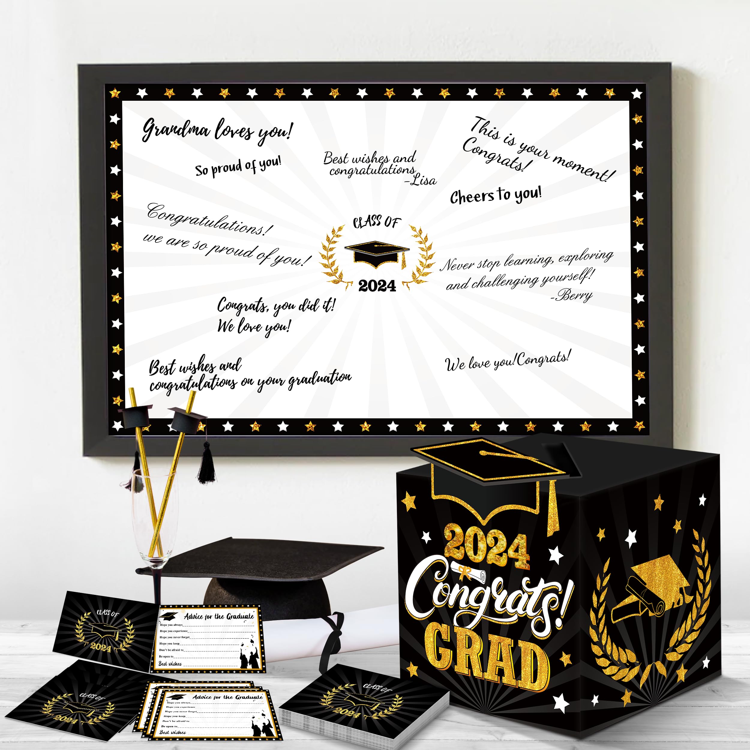 algpty Graduation Decorations Black and Gold 2024 - Guest Book Alternative, Graduation Cards Box with 36PCS Graduation Advice Cards, Signature Board Congrats Grad Decoration Graduation Supplies 2024