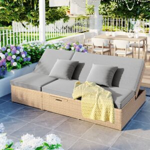 Merax Patio Conversation Set, Outdoor Double Sunbed Wicker Rattan Patio Reclining Chairs with Adjustable Backrest and Seat, Brown