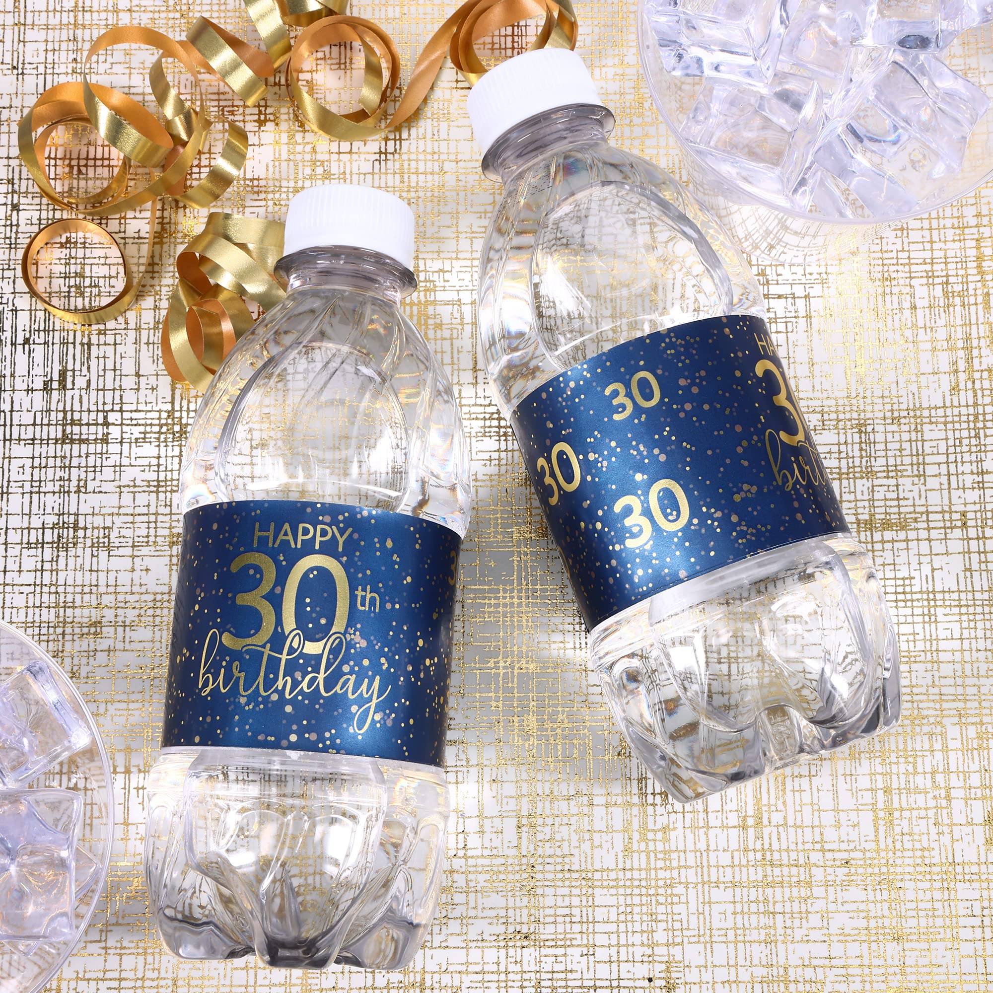 Navy Blue and Gold 30th Birthday Party Water Bottle Labels - 24 Waterproof Stickers, 30th Birthday Party Favors