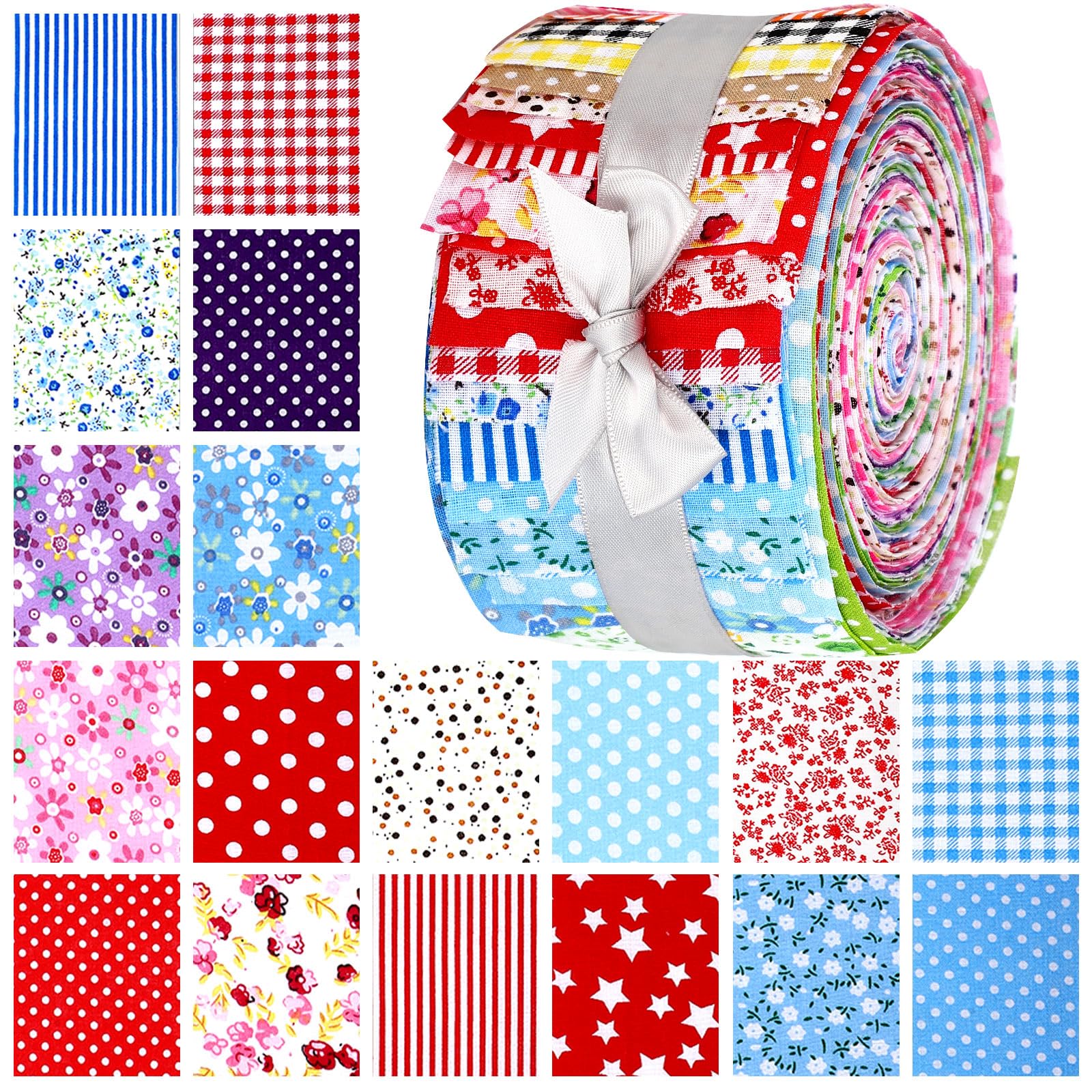 Moukeren 100 Pcs Floral Fabric Quilting Strips Colorful Cotton Fabric Patchwork Fabric Roll up 2.55 Inch Precut Plain Weave Fabric for DIY Craft Sewing(Stripe)