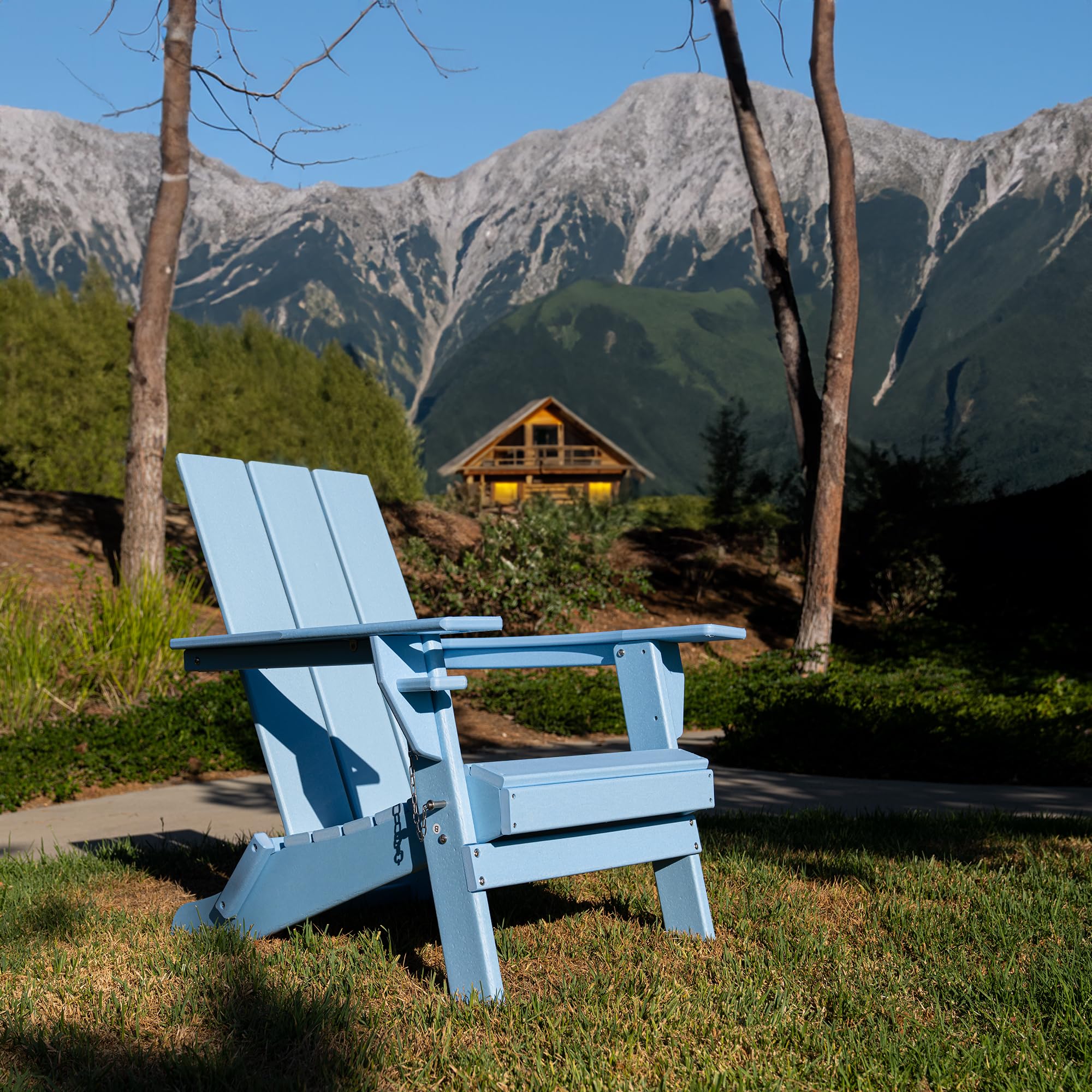 RESINTEAK Folding Adirondack Chair with Cup Holder - Extra Wide Comfort Seat, Patio Furniture for Outdoor Fire Pit, Deck, & Backyard, Newport Collection (Blue)