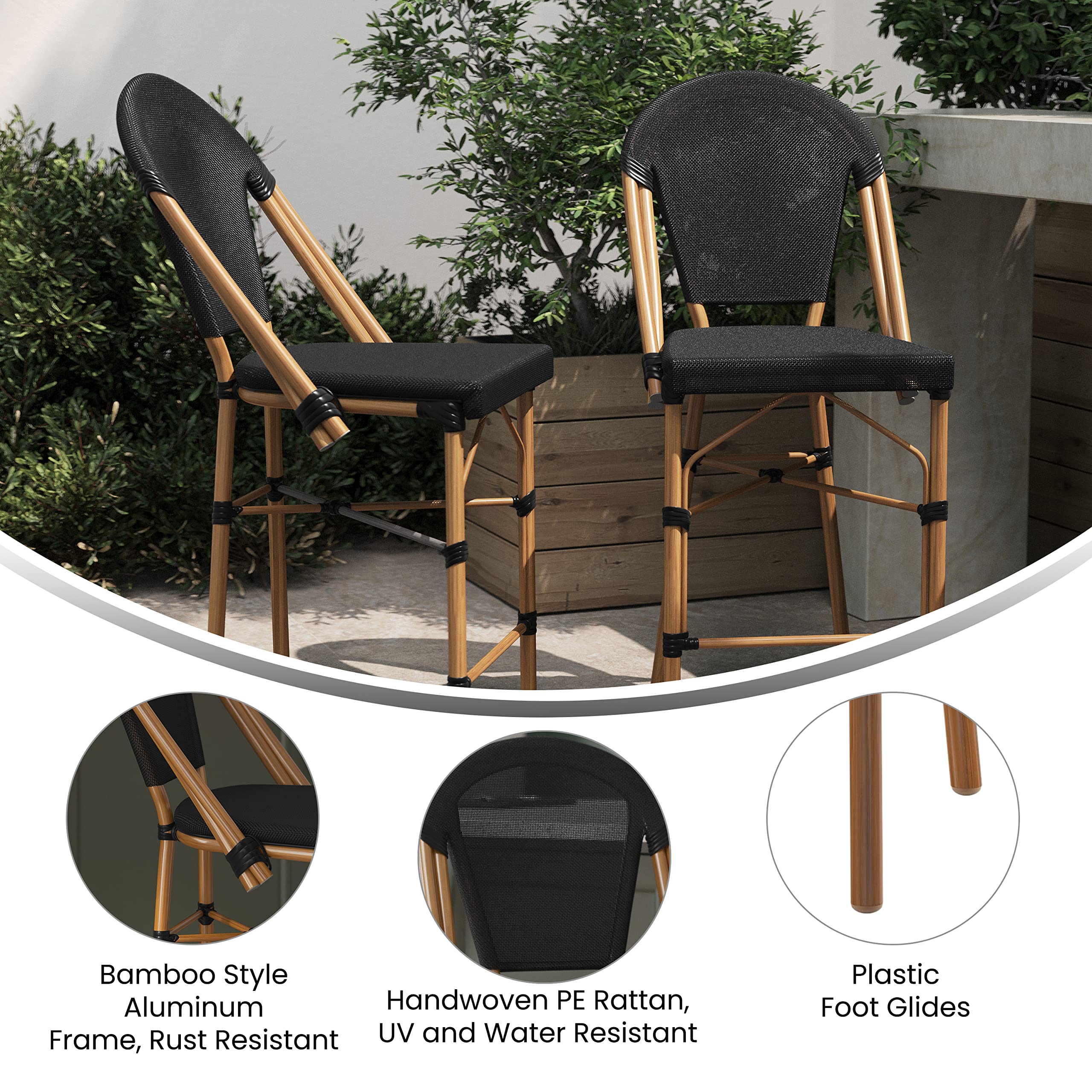 Merrick Lane Mael Bistro Style Stacking Counter Stools - Indoor/Outdoor Textilene Back and Seat - Natural Bamboo Finish Metal Frame - Set of Two - Black