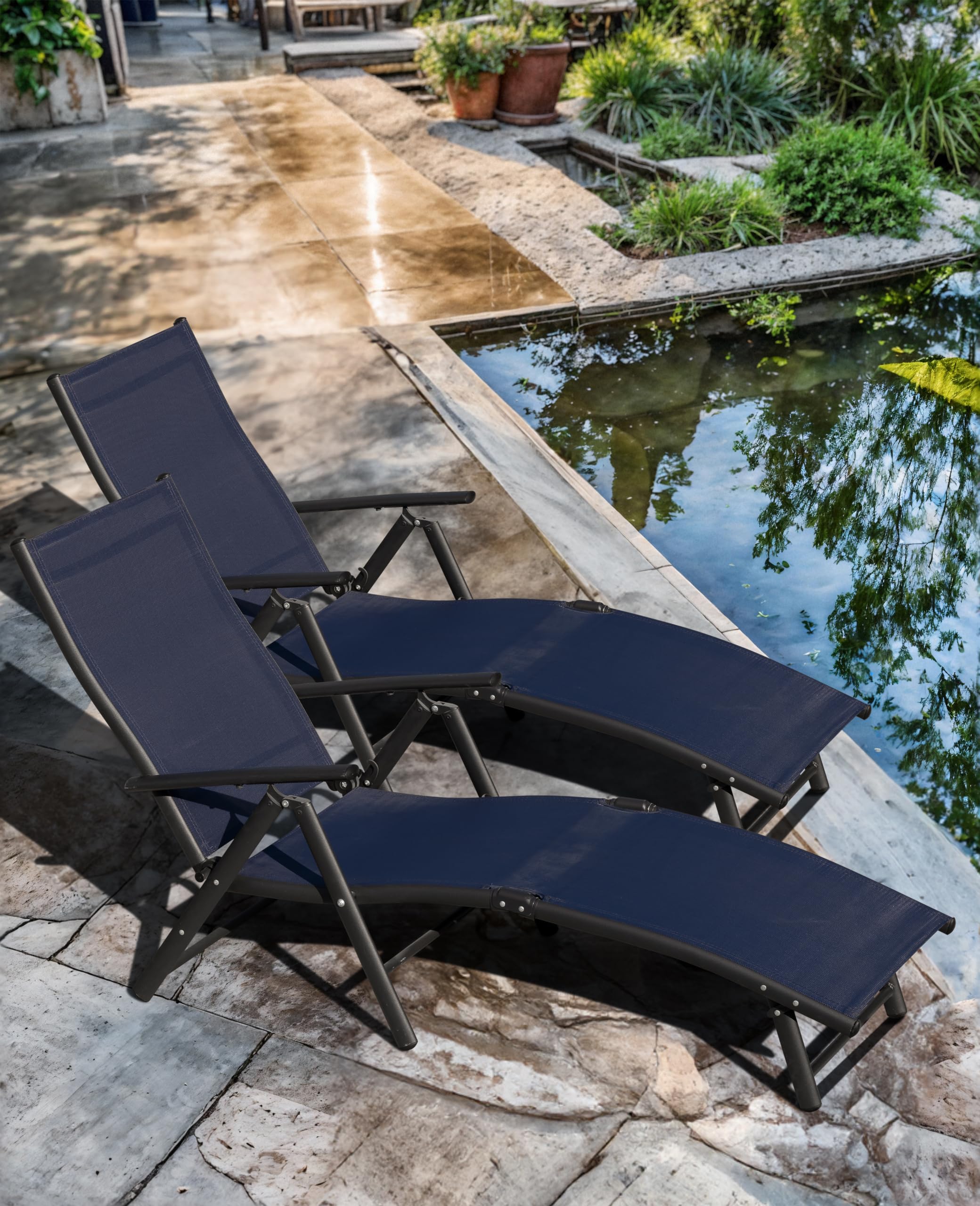 Flamaker Patio Lounge Chairs Adjustable Chaise Lounge Chairs Folding Outdoor Recliners Set of 2 for Beach, Pool and Yard (Blue)