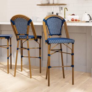 emma + oliver soie bistro bar stool - stacking indoor/outdoor pe rattan bar stool with bamboo finish frame - 30" high - set of two - navy/white