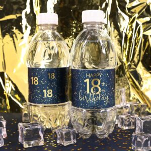 Navy Blue and Gold 18th Birthday Party Water Bottle Labels, Waterproof Sticker - 24 Count, 18th Birthday Decorations