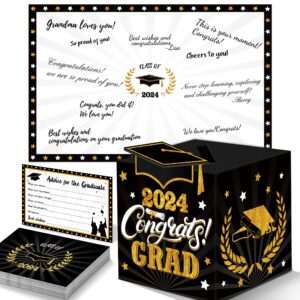 algpty graduation decorations black and gold 2024 - guest book alternative, graduation cards box with 36pcs graduation advice cards, signature board congrats grad decoration graduation supplies 2024