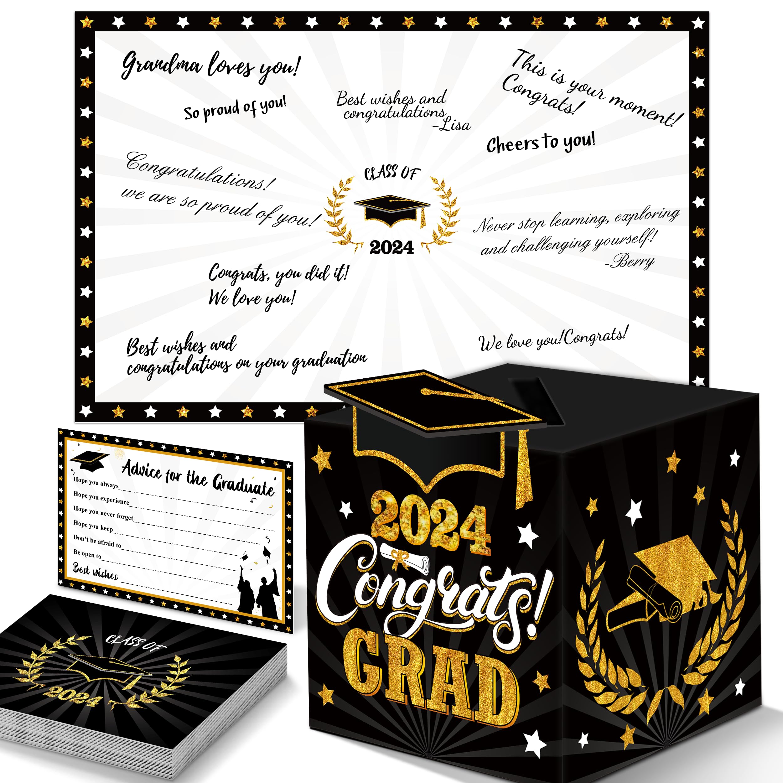 algpty Graduation Decorations Black and Gold 2024 - Guest Book Alternative, Graduation Cards Box with 36PCS Graduation Advice Cards, Signature Board Congrats Grad Decoration Graduation Supplies 2024