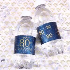 Navy Blue and Gold Happy 80th Birthday Party Water Bottle Labels - 24 Waterproof Stickers