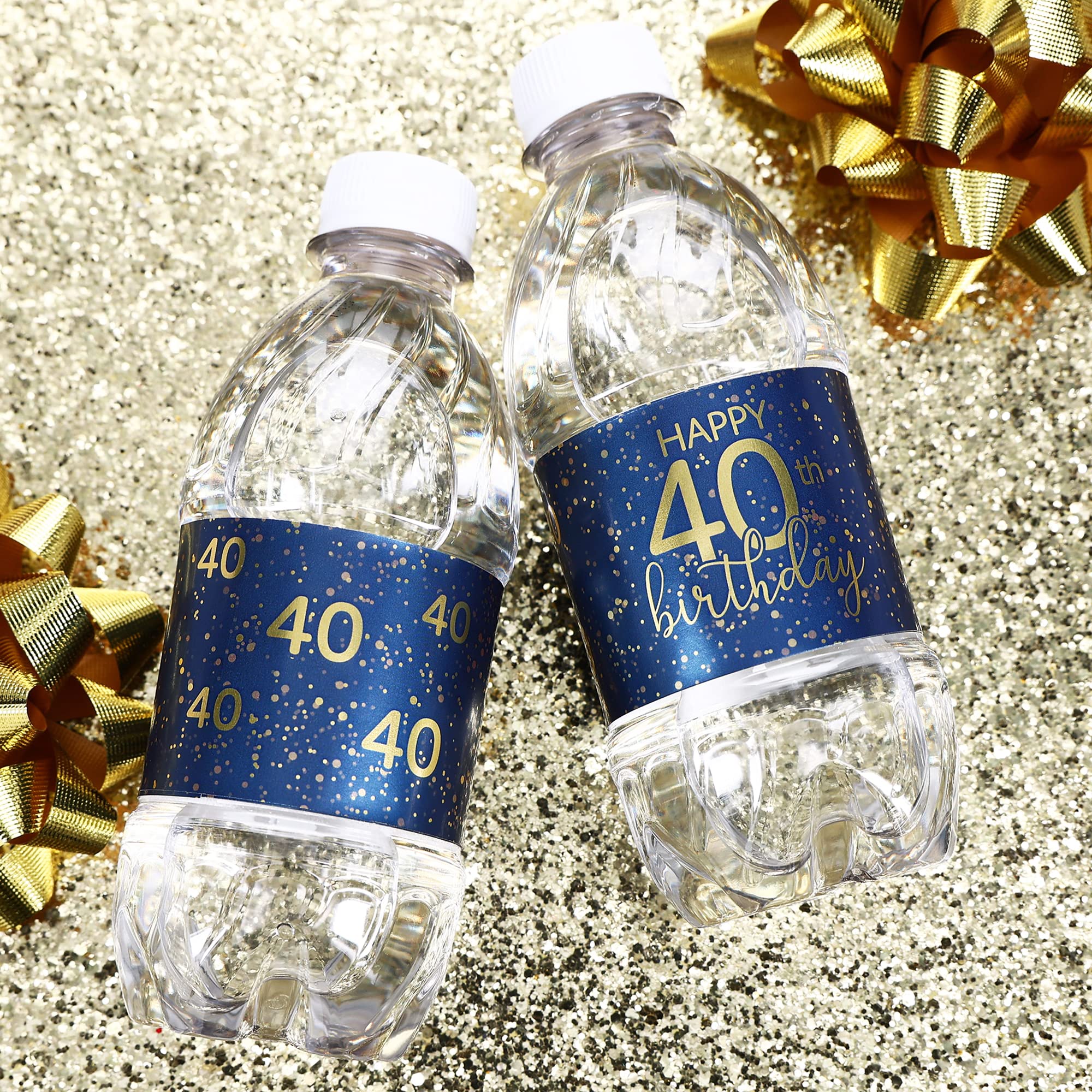 Navy Blue and Gold 40th Birthday Party Water Bottle Labels - 24 Waterproof Stickers