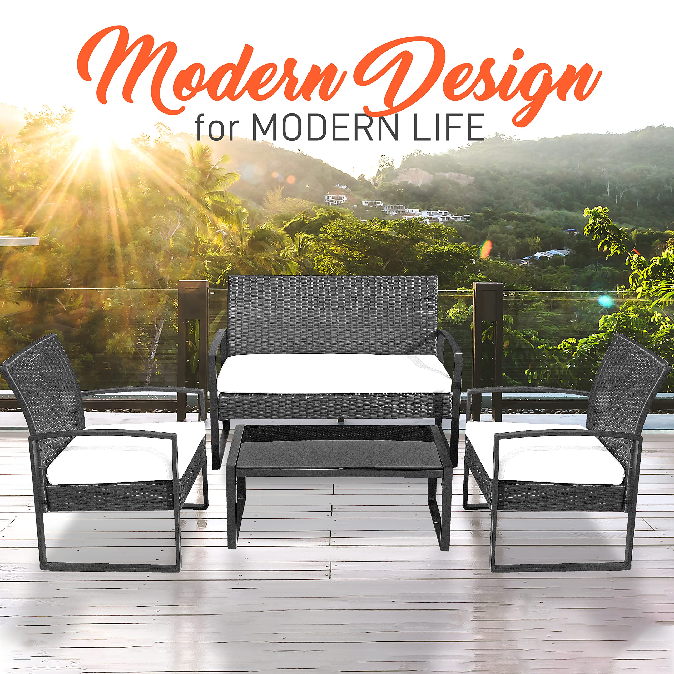 SereneLife Outdoor Living Rattan Furniture, Includes 1 Double & 2 Single Chairs with Cushion & 1 Glass-top Coffee Table 4 Piece Conversation/Chat Set, (Back), Off Black