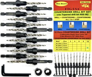 ftg usa countersink drill bit set for wood with tapered drill bit 12 pc #8 (11/64")