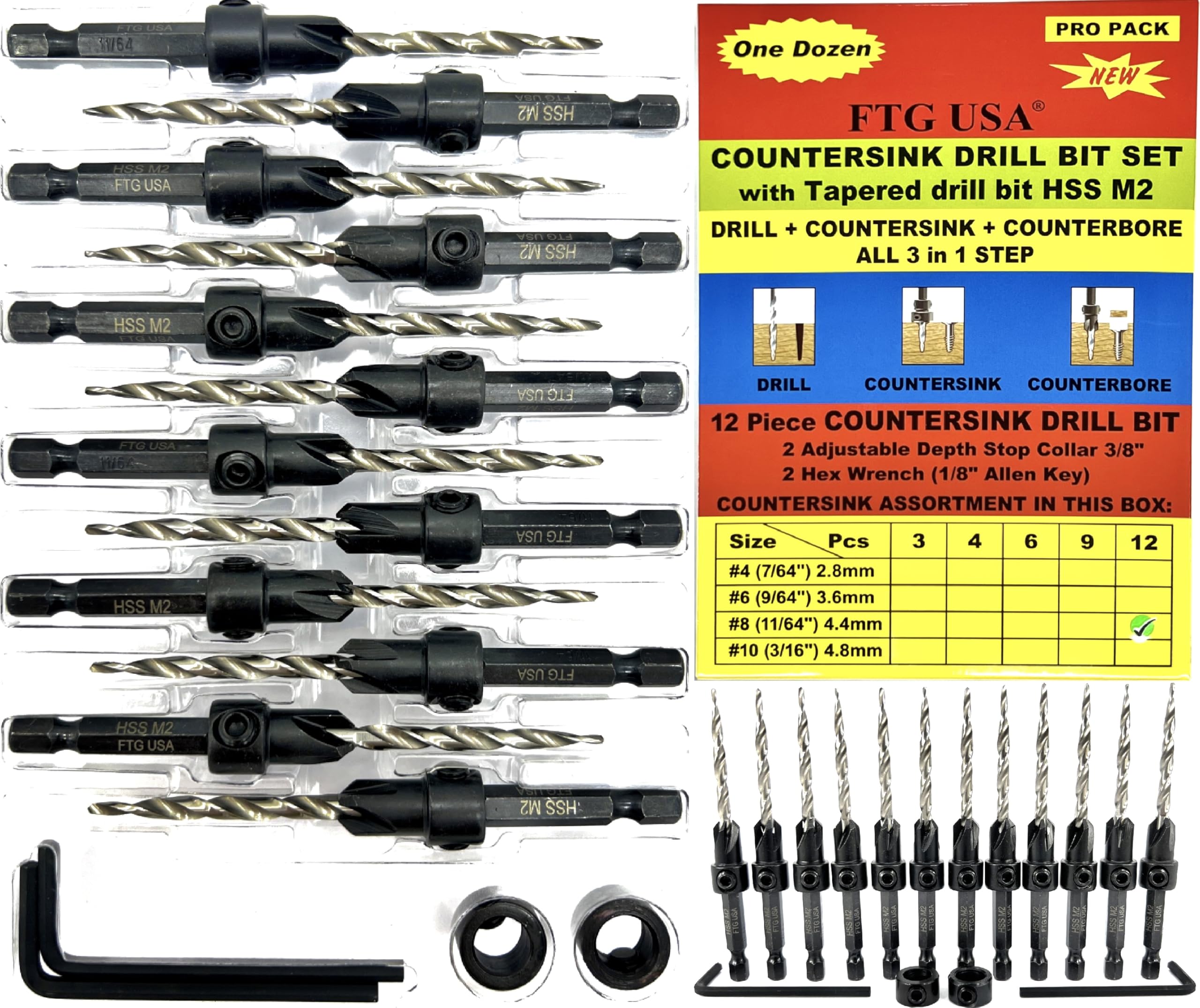 FTG USA Countersink Drill Bit Set for Wood with Tapered Drill Bit 12 Pc #8 (11/64")