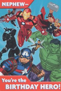 avengers happy birthday card for nephew featuring thor, iron man, hulk, black panther, captain america and more - you're a birthday hero! so get ready for action - 'cause a great day is waiting for you!