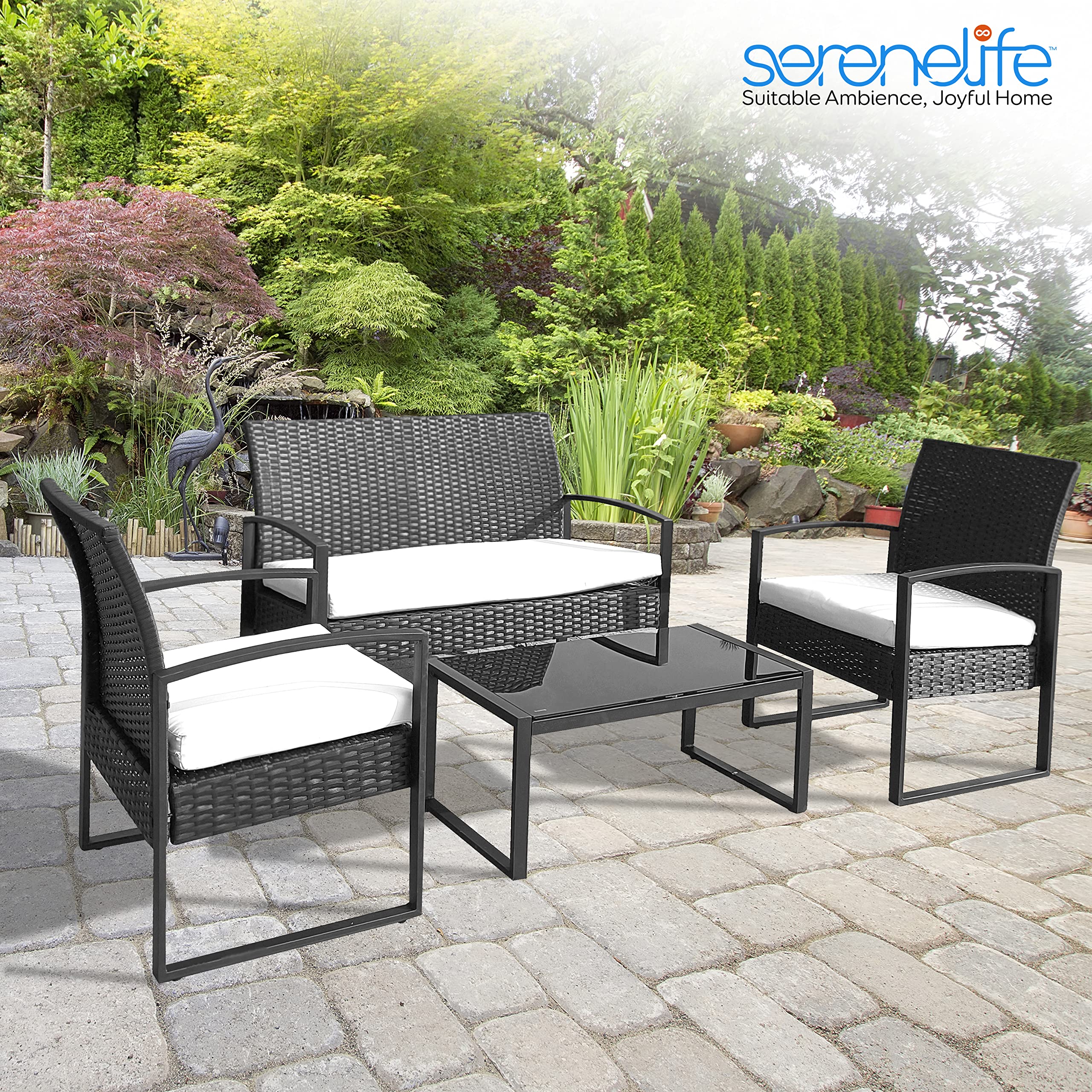 SereneLife Outdoor Living Rattan Furniture, Includes 1 Double & 2 Single Chairs with Cushion & 1 Glass-top Coffee Table 4 Piece Conversation/Chat Set, (Back), Off Black