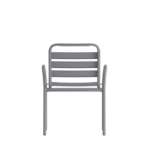 Flash Furniture Lila Commercial Restaurant Stack Chair with Triple Slat Back and Arms, Indoor-Outdoor Dining Chair, Silver