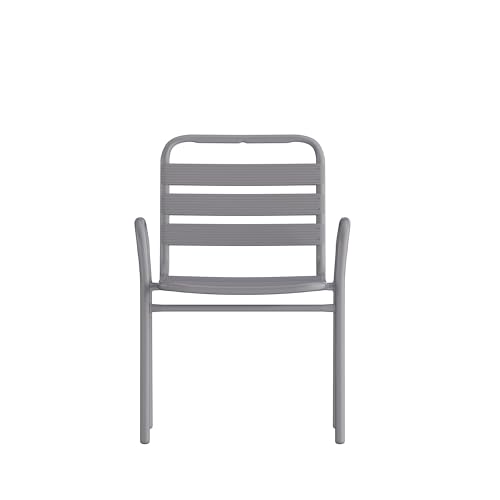 Flash Furniture Lila Commercial Restaurant Stack Chair with Triple Slat Back and Arms, Indoor-Outdoor Dining Chair, Silver