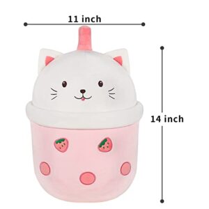 MMguai 14 inch Cute Big Boba Tea Strawberry Cat Plush Soft Hugging Pillow,Large Pink Pearl Milk Tea Stuffed Animals Toy Room Decor,Gifts for Kids Girls Birthday, Christmas