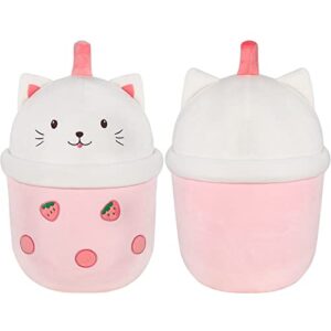 MMguai 14 inch Cute Big Boba Tea Strawberry Cat Plush Soft Hugging Pillow,Large Pink Pearl Milk Tea Stuffed Animals Toy Room Decor,Gifts for Kids Girls Birthday, Christmas