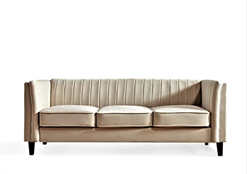 Container Furniture Direct Modern Luxury Velvet Couch for Living Room with High Density Foam, Soft Fabric Upholstery, Removable Cushions and Solid Wood Legs, 83'' Wide 3 Seater Sofa, Beige