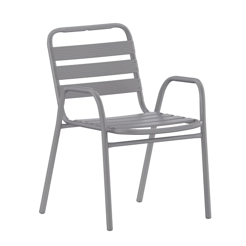 Flash Furniture Lila Commercial Restaurant Stack Chair with Triple Slat Back and Arms, Indoor-Outdoor Dining Chair, Silver