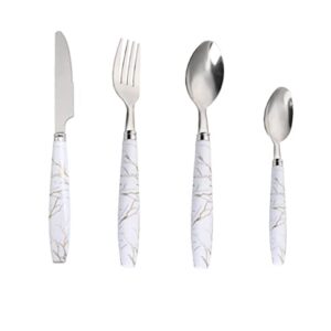 24-Piece Set of Marble pattern Handle Cutlery Set Kitchen Silverware Tableware Main Stainless Steel Knife and Fork Spoon Commercial Steak Coffee Western Tableware (White)