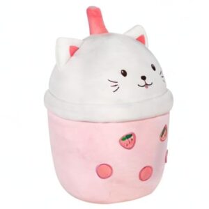 MMguai 14 inch Cute Big Boba Tea Strawberry Cat Plush Soft Hugging Pillow,Large Pink Pearl Milk Tea Stuffed Animals Toy Room Decor,Gifts for Kids Girls Birthday, Christmas