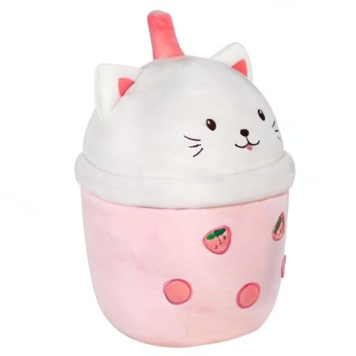 MMguai 14 inch Cute Big Boba Tea Strawberry Cat Plush Soft Hugging Pillow,Large Pink Pearl Milk Tea Stuffed Animals Toy Room Decor,Gifts for Kids Girls Birthday, Christmas